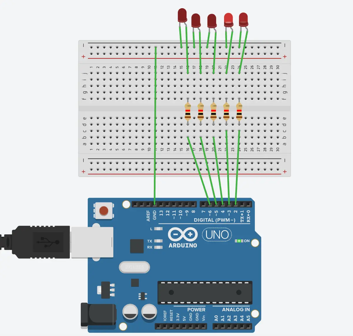 5 LED Chaser Arduino Circuit Diagram